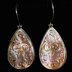 Vintage Sterling Silver Balinese Hand-Carved Mother of Pearl Earrings